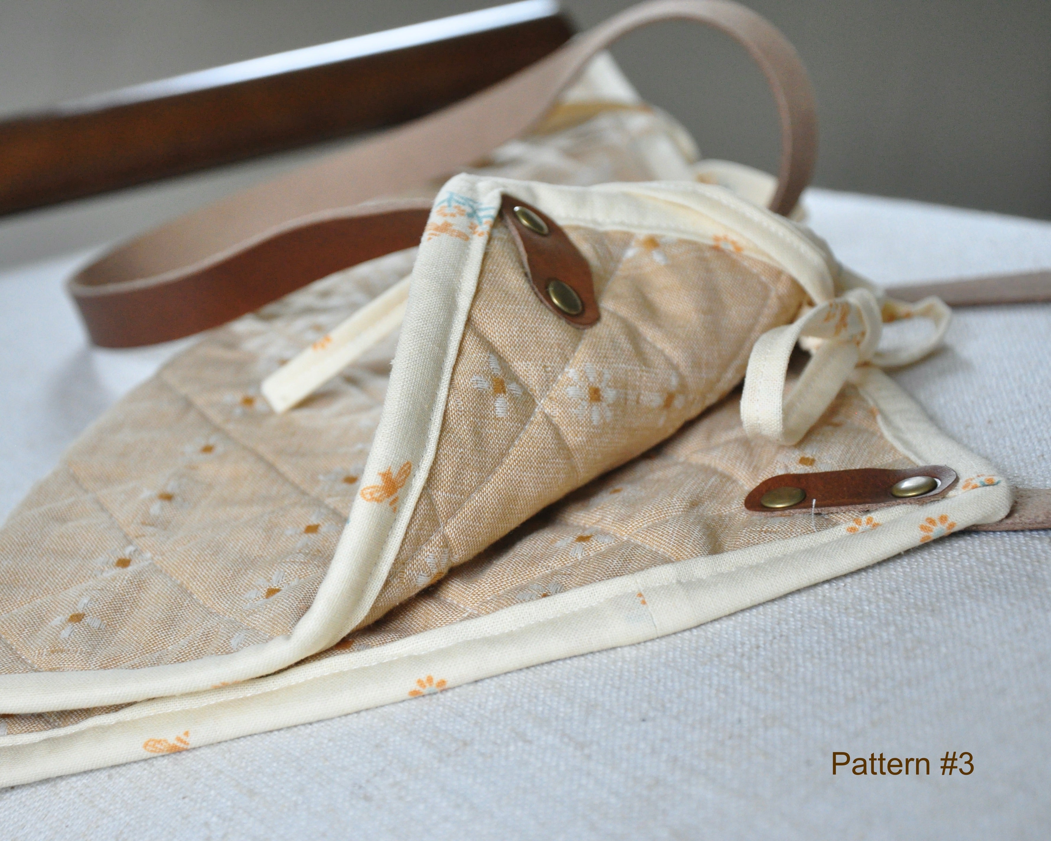 Handmade vintage quilt bouquet bag with leather straps / flower bouquet market bag carrier