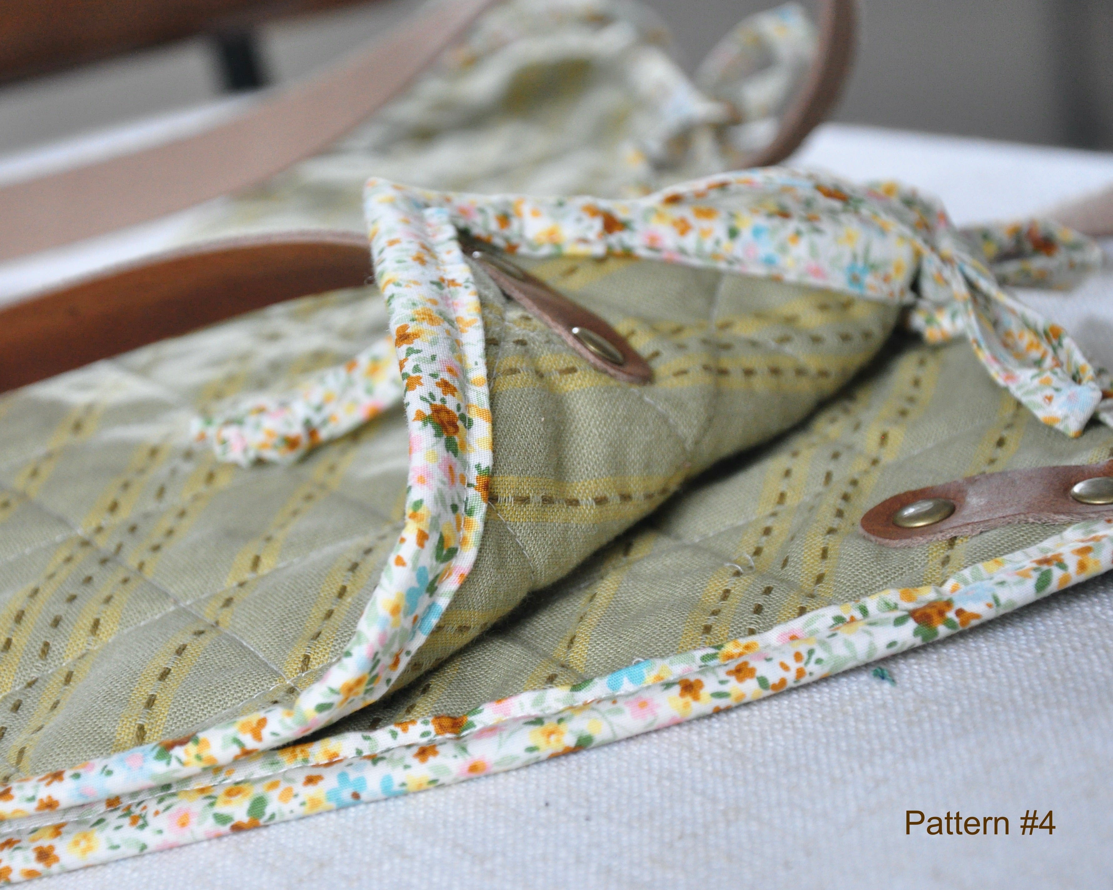 Handmade vintage quilt bouquet bag with leather straps / flower bouquet market bag carrier