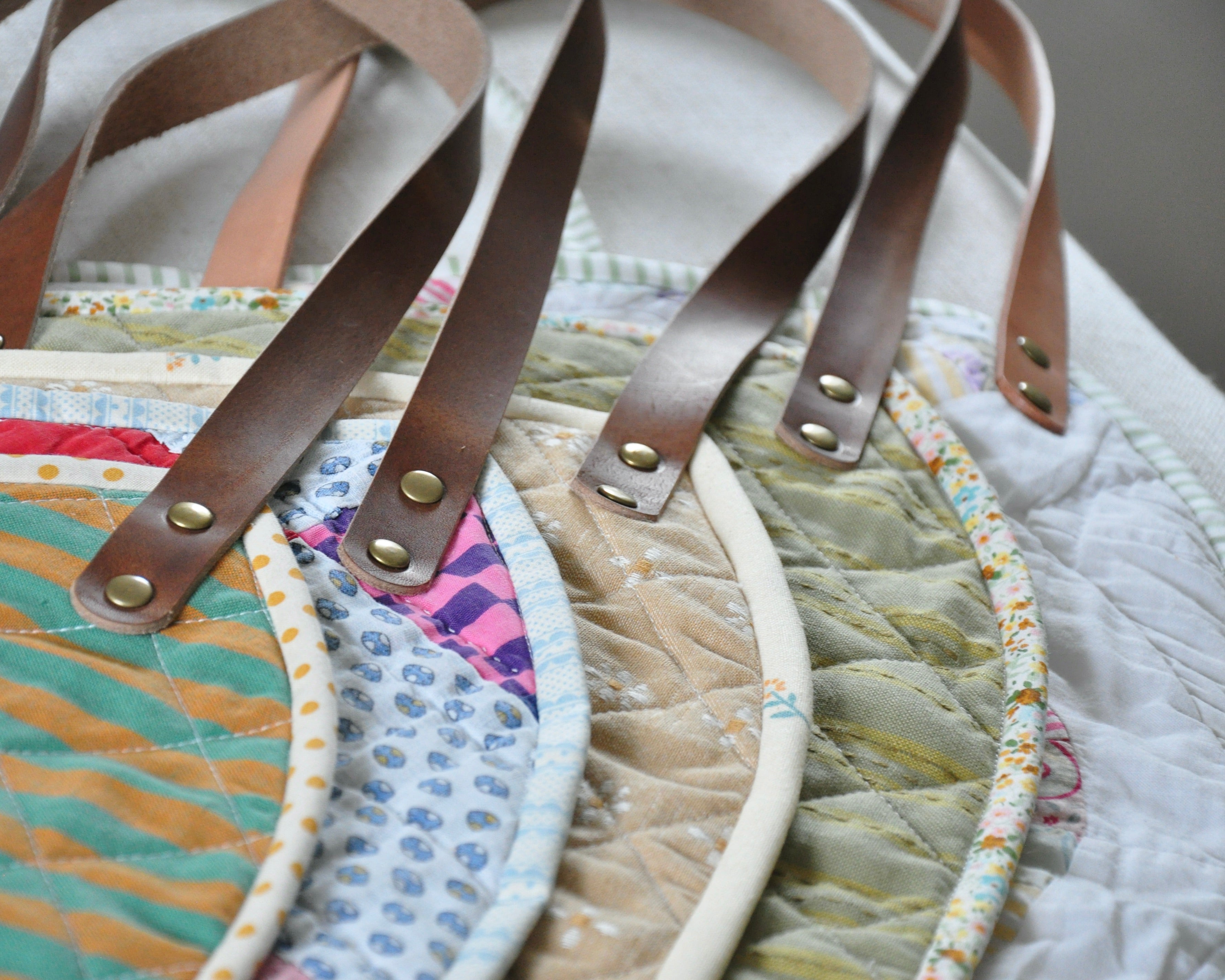 Handmade vintage quilt bouquet bag with leather straps / flower bouquet market bag carrier