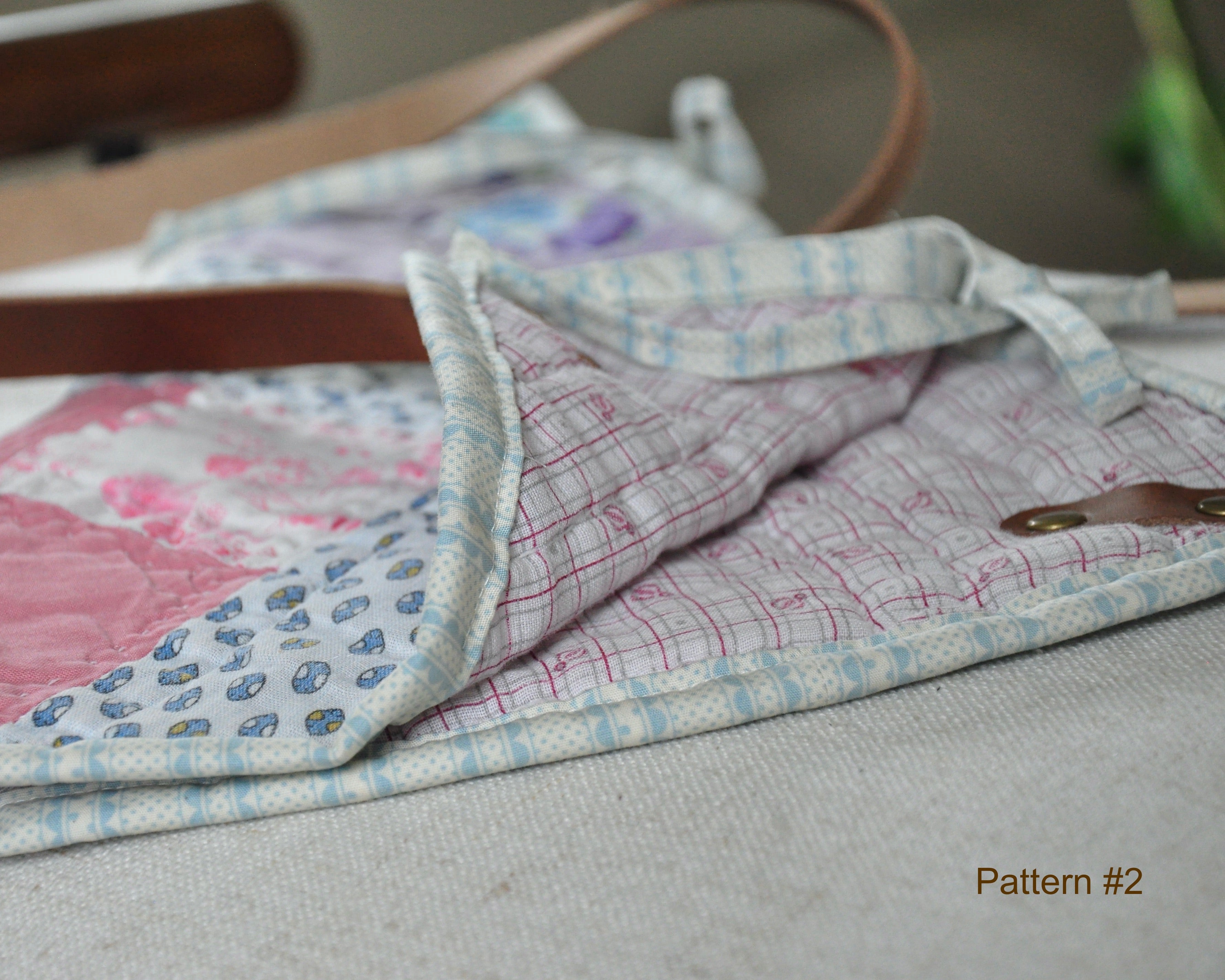 Handmade vintage quilt bouquet bag with leather straps / flower bouquet market bag carrier
