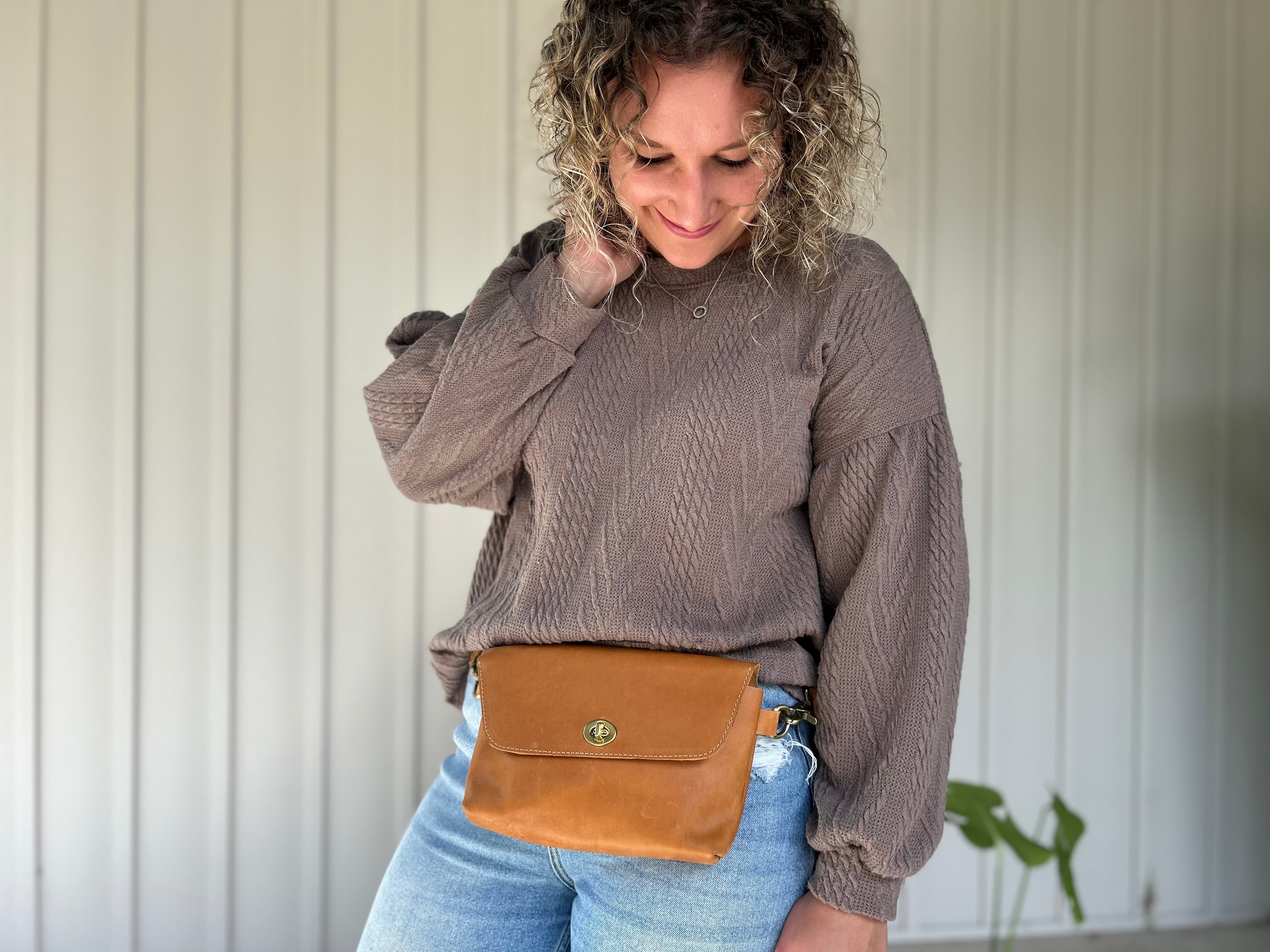 Crossbody Fanny Pack in tan handmade from high-quality genuine leather with adjustable strap, brass hardware, and twist lock closure. Full-grain leather Belt Bag with pocket for phone.
